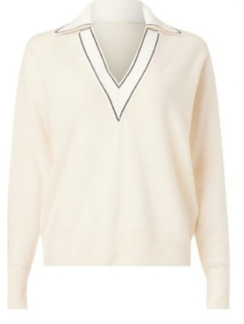 Sandro Alizia Cream V-Neck Polo Sweater with Contrast Black Sequin Trim Sz 2
